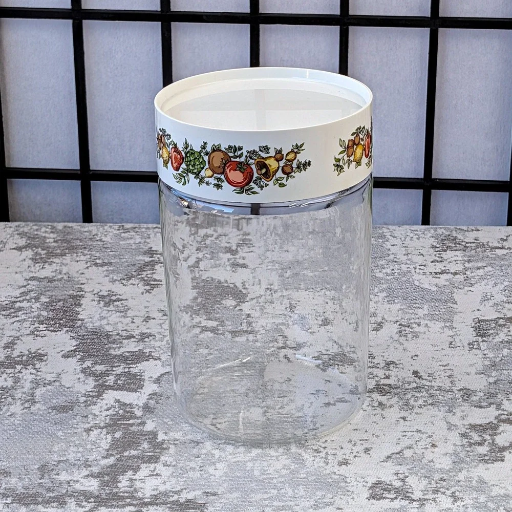 Vintage Pyrex Ware Glass Canister Jar Kitchen Storage Fruit Floral Lid White